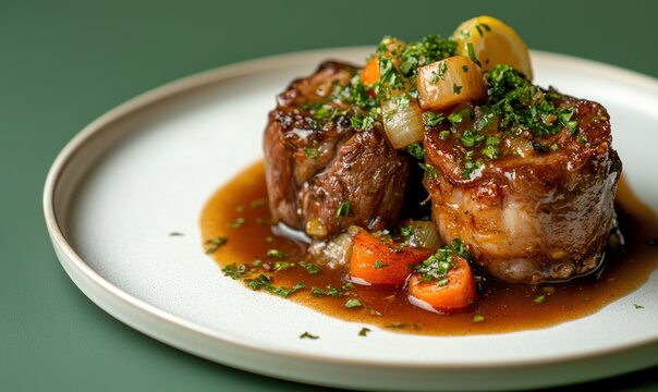Delicious osso buco served on a creamy plate with garnished vegetables