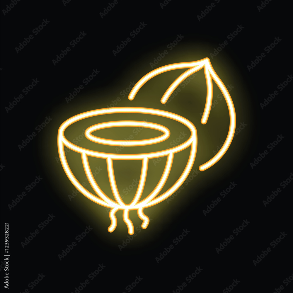 Poster bright neon icon of a coconut showing its inside and shell, glowing on a dark background