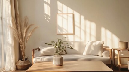 Sunlit living room, minimalist decor,  peaceful atmosphere, interior design