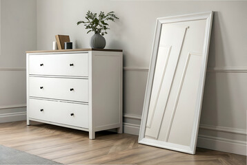 White Dresser and Tall Rectangular Mirror in Minimalist Room
