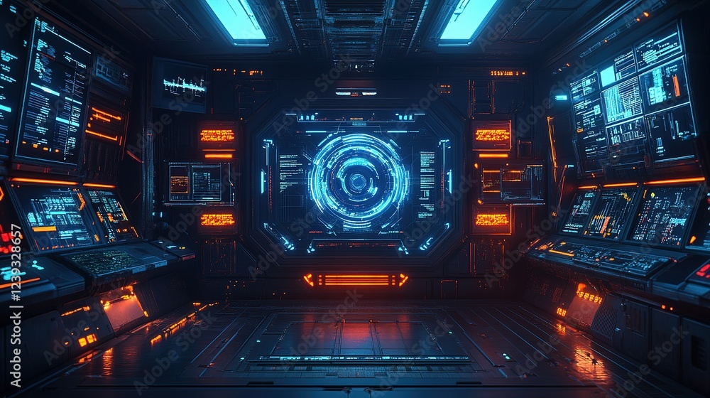 Poster exploring futuristic technology interfaces in a high-tech control room environment