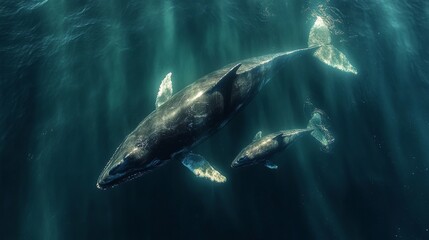 Fototapeta premium A Majestic Encounter: A Humpback Whale Mother and Calf Gracefully Glide Through the Ocean Depths, Bathed in Sunlit Water