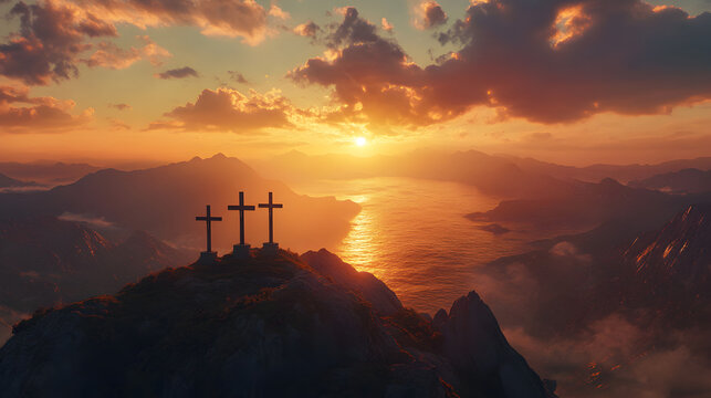 una monta&ntilde;a con tres cruces cristianas catolicas celebrando la crucifixion y la semana santa espiritualidad y oracion viernes santo