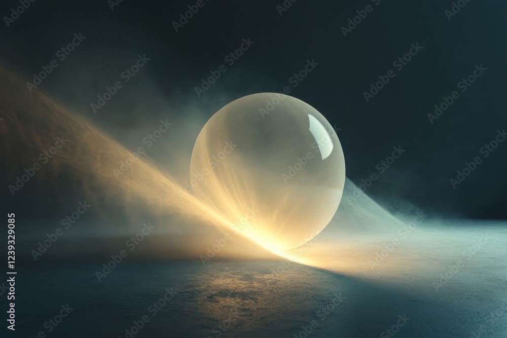 Poster spherical object glowing softly in a dark and misty environment with light reflections