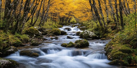 Serene Forest Stream Flowing Through Autumn Trees and Mossy Rocks