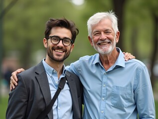  two men standing closely together in a park setting. On the left, a young man with dark hair and glasses is wearing a dark blazer over a light shirt.generative ai