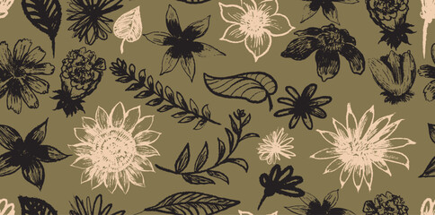 Simple naivne fashionable abstract floral seamless pattern. Template hand drawn grunge botanical flowers and leaves. Vector illustration plant background in vintage and abstract style