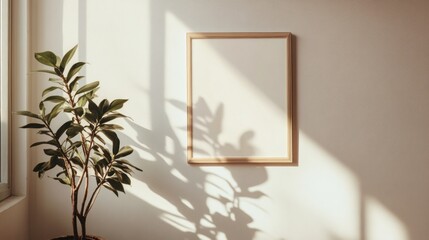 Sunlit room, blank frame mockup, plant, shadow. Lifestyle blog, website design