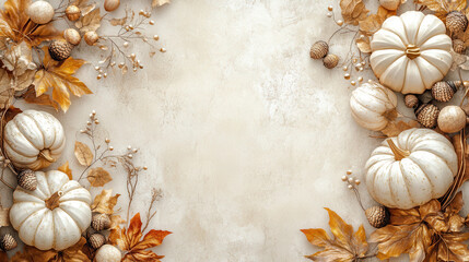 Obraz premium Elegant Thanksgiving backdrop featuring pumpkins and acorns in gold and copper tones for modern branding
