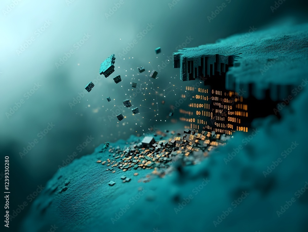 Poster undulating filaments of binary data and algorithmic elements emerge from a cloaked enigmatic setting