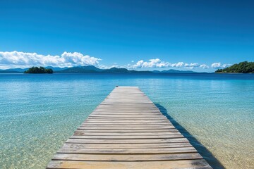 Wooden pier extending into calm turquoise water under a clear sky