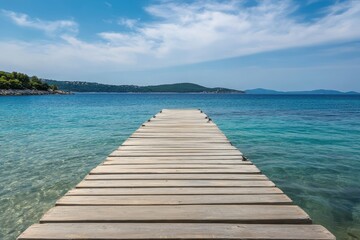 Fototapeta premium Wooden pier extending into calm turquoise water under a clear sky