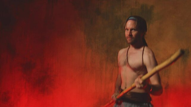 Fantasy monk character, red back drop 4K