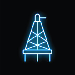 Blue neon icon of an oil rig glowing against a black background