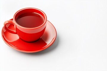 Bright red ceramic tea cup and saucer on a white background with copy space.