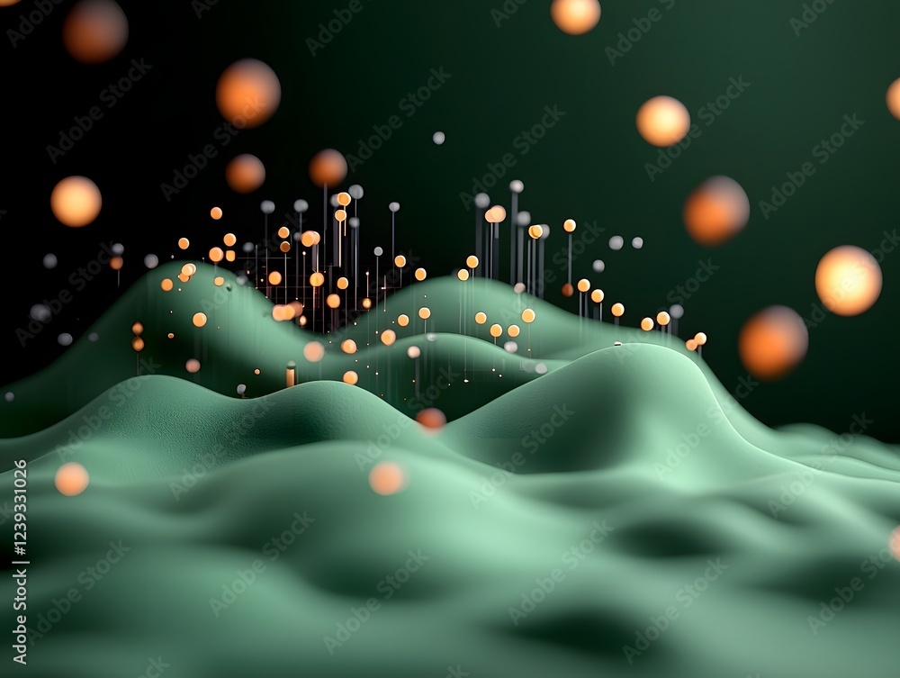 Fototapete Undulating streams of binary data and software algorithms illuminating a shadowy digital landscape with an otherworldly glow