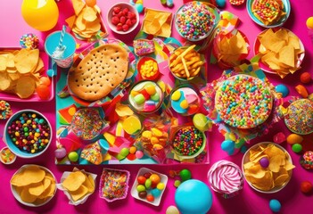 vibrantly arranged colorful junk food platter featuring eye catching treats including sodas stunning visual presentation, appetizer, bites, candy, cuisine