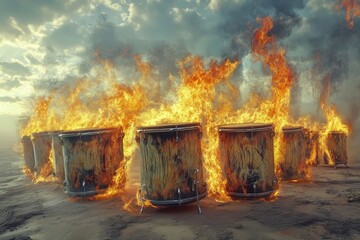 Obraz premium Row of burning drums engulfed in flames under dramatic skies