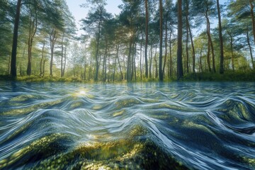 Obraz premium Calm waters reflect sunlight in a serene forest landscape during the afternoon