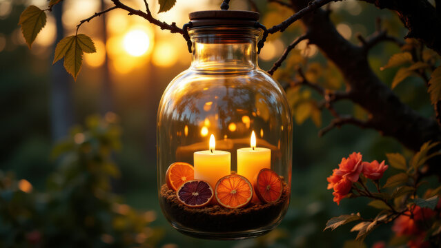 A jar filled with beef tallow candles, hanging among tree branches during sunset.