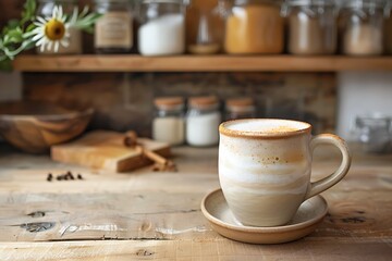 A frothy chai tea with a blend of spices, served in a warm, earthy mug, set against a backdrop of a rustic kitchen with wooden shelves and spice jars.