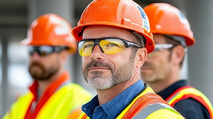 Construction Workers in Cold Weather Wearing Hard Hats and Safety Glasses
