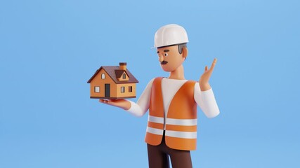 Builder character animation. New house, home concept. Сonstruction worker. Professional worker, architect, engineer. renovation and building service. animated footage, 3d render