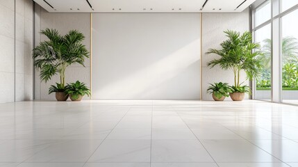Modern lobby with plants, sunlight, and outdoor view; ideal for design presentations