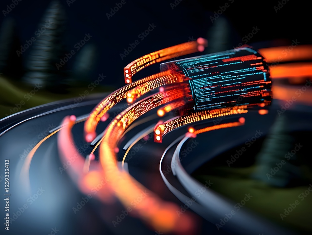Poster vibrant neon like pulses of code and information algorithmic pathways and neural networks intertwini