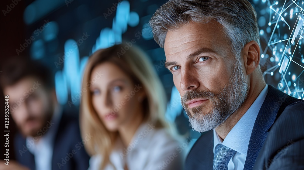 Poster focused business team with data visualization background