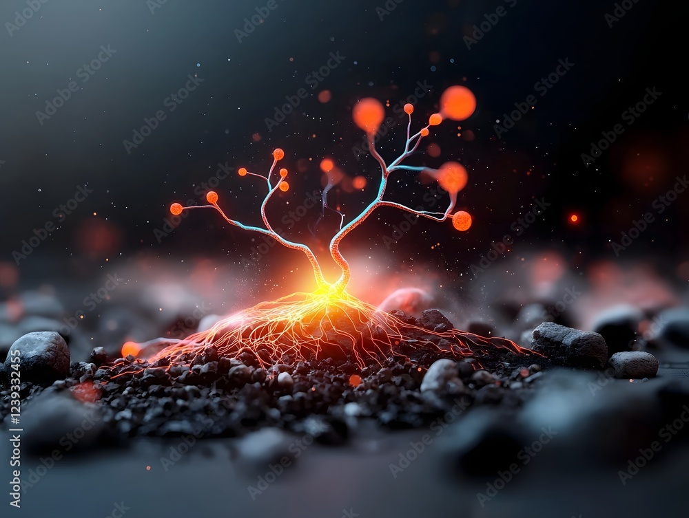 Poster vibrant neon like pulses of code and information algorithmic pathways and neural networks intertwini