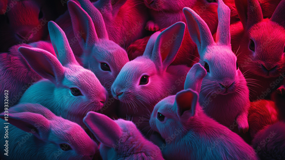 Aufkleber a group of rabbits huddled together in a dorm room, with colorful abstract patterns symbolizing frie