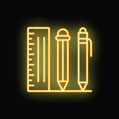 Yellow neon sign representing office supplies, a ruler, a pencil and a pen, standing upright on a line on a black background