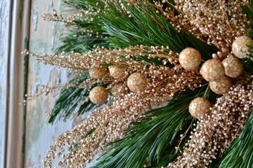 Fototapeta premium Christmas wreath with pine branches, cones, and metallic ornaments