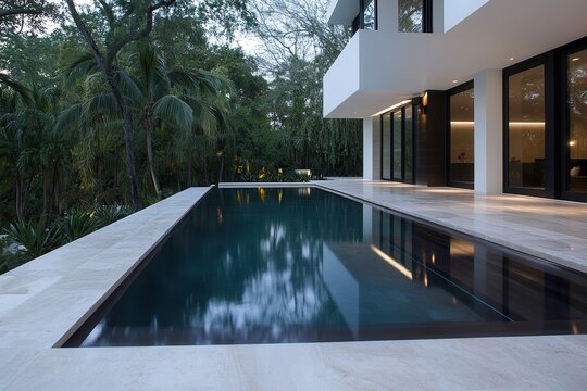 Minimalist Parametric Tropical House Featuring a Central Pool in Pinecrest, Florida. Generative AI