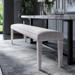 Upholstered bench in a contemporary dining room with a soft rug