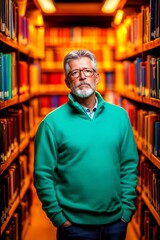 Man standing in library with blurred bookshelves behind