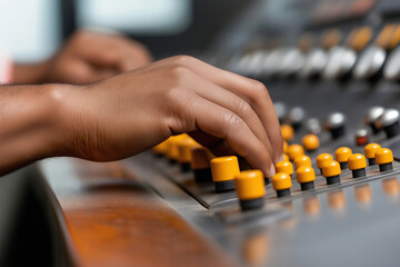 Crafting sound in a recording studio with focus on mixing console controls