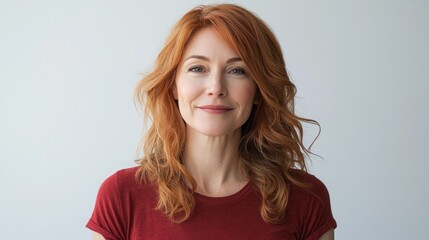 A portrait of a middle-aged woman with red hair and a warm smile. She's wearing a simple maroon t-shirt against a light gray background. 
