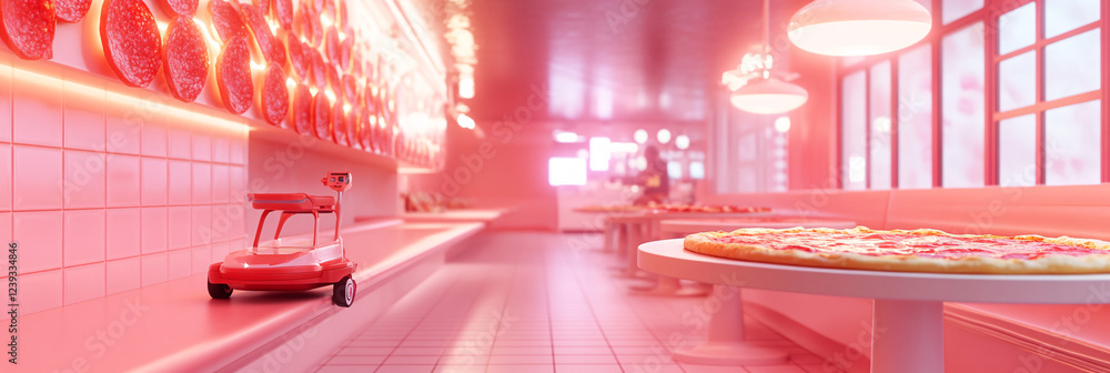 Poster a high-tech pizza parlor with walls of melted cheese and tables made of crust. a hover scooter made 