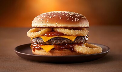 Savor smoky BBQ cheeseburger with crispy onion rings and melted cheese