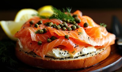 Smoked salmon bagel with cream cheese and fresh herbs served elegantly