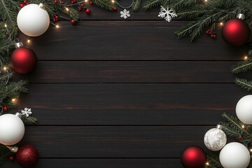 Decorative Christmas ornaments surrounded by festive greenery on dark wood background