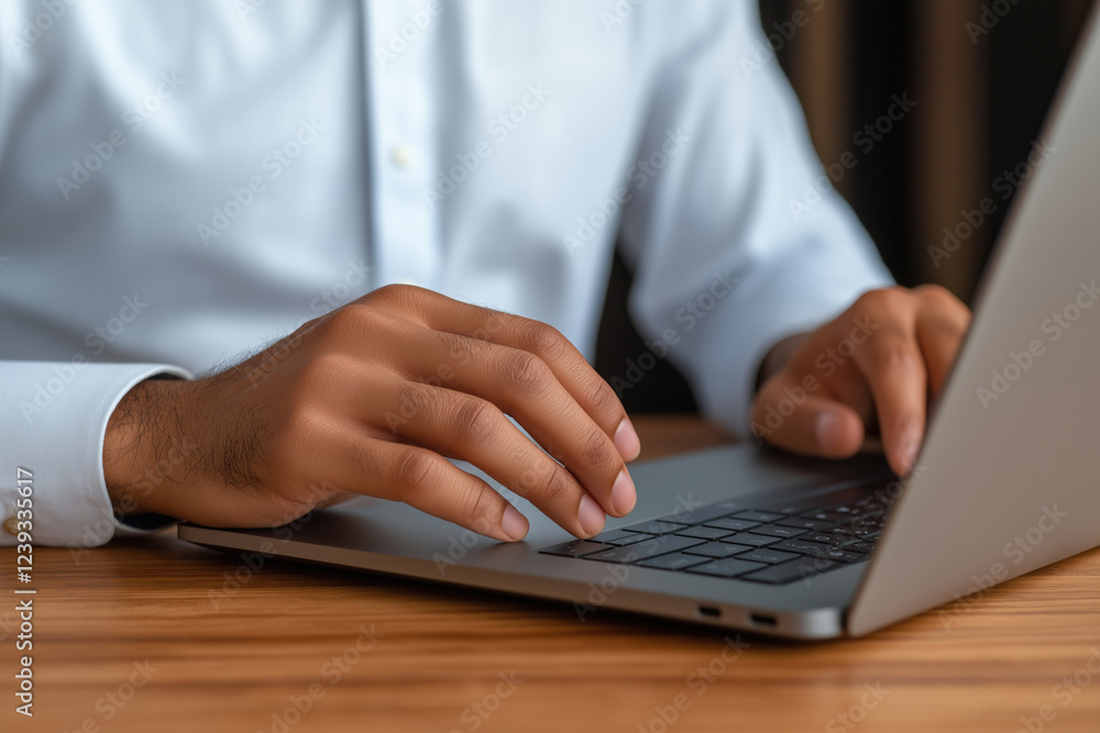 Poster hands typing on laptop keyboard in a modern workspace setting during daytime hours