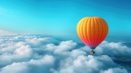 Naklejka premium Hot air balloon glides serenely above soft white clouds at dawn