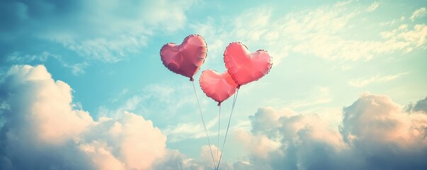 Fototapeta premium Heart-shaped balloons floating in a colorful cloudy sky