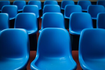Fototapeta premium Rows of empty blue plastic stadium seats awaiting spectators for upcoming sports events