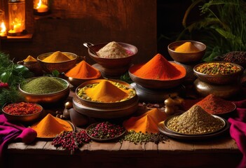 vibrant display exquisite spices fresh ingredients colorful arrangement reflecting culinary diversity rich aromas, blend, cuisine, dish, essence, flavor