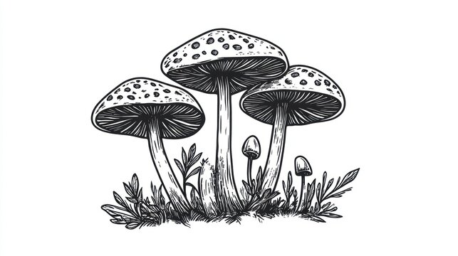 Three mushrooms growing in grass, nature illustration, botanical art, educational - Powered by Adobe