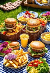 Fototapeta premium vibrantly styled fast food spread featuring colorful dishes delightful table arrangement, appetizer, bacon, bar, bistro, brunch, chicken, combo, condiments